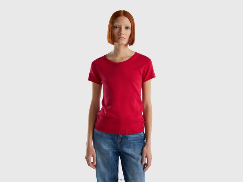 κοντομάνικο πουλόβερ από 100% βαμβάκι J8TLD3580 Benetton γυναίκες φουξία