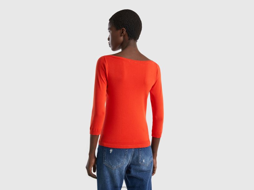 Πουλόβερ με λαιμόκοψη 100% βαμβάκι J8TLD3593 Benetton γυναίκες το κόκκινο