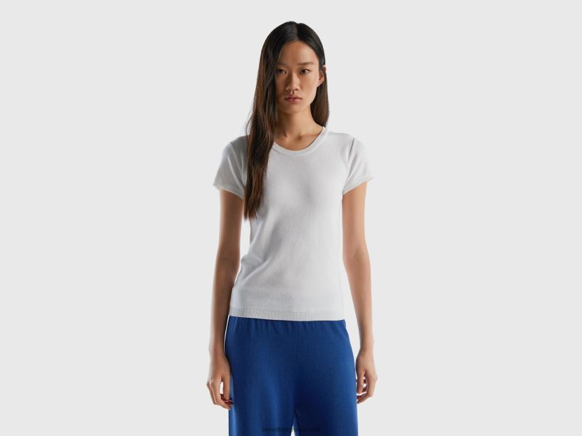 κοντομάνικο πουλόβερ από 100% βαμβάκι J8TLD3626 Benetton γυναίκες άσπρο