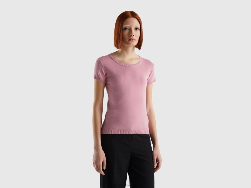 κοντομάνικο πουλόβερ από 100% βαμβάκι J8TLD3637 Benetton γυναίκες ροζ