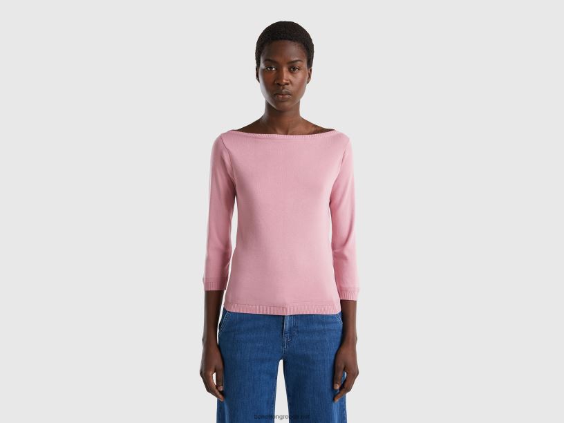 Πουλόβερ με λαιμόκοψη 100% βαμβάκι J8TLD3690 Benetton γυναίκες ροζ