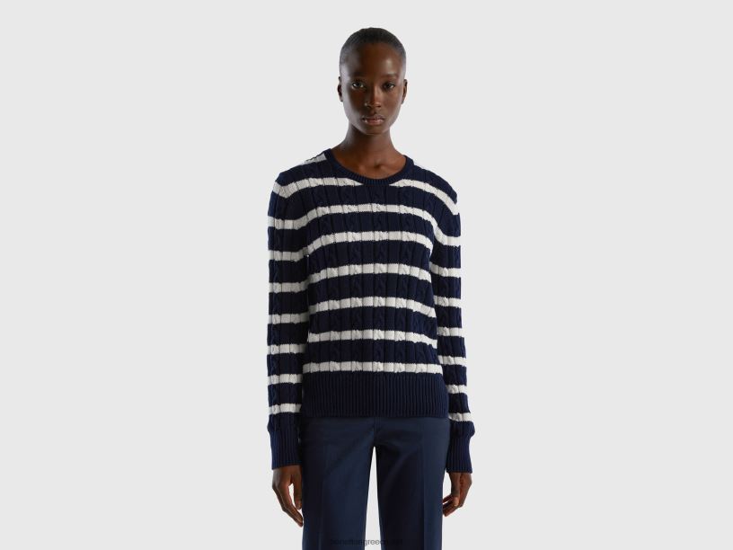 Πλεκτό πουλόβερ με καλώδιο 100% βαμβάκι J8TLD3705 Benetton γυναίκες σκούρο μπλε