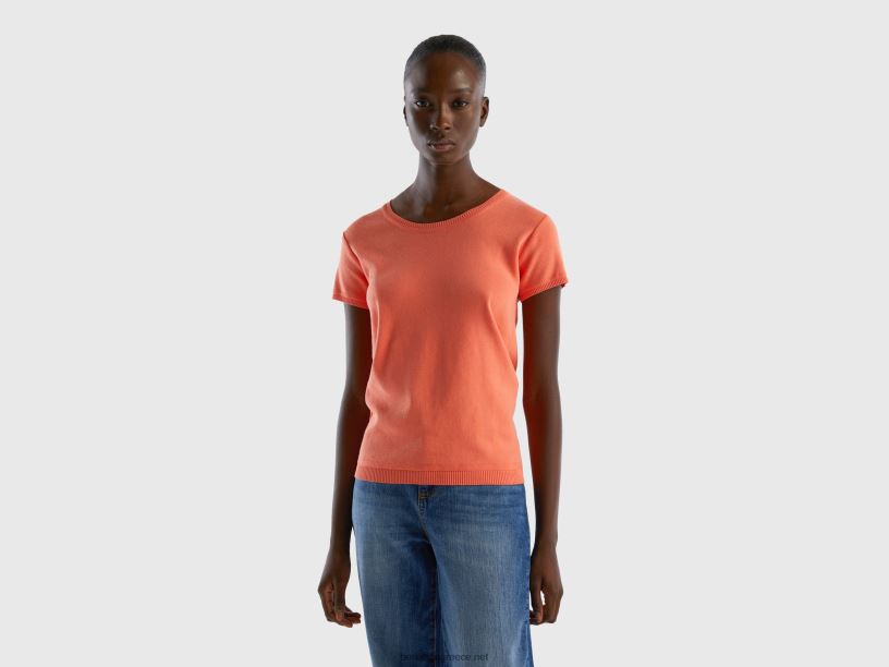 κοντομάνικο πουλόβερ από 100% βαμβάκι J8TLD51 Benetton γυναίκες πορτοκάλι