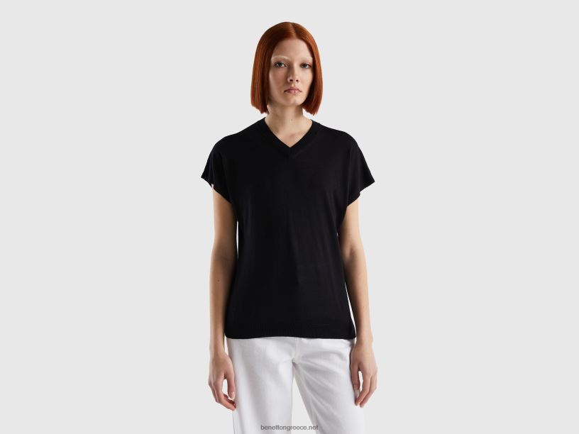 κοντομάνικο πουλόβερ σε μείγμα βισκόζης J8TLD110 Benetton γυναίκες μαύρος