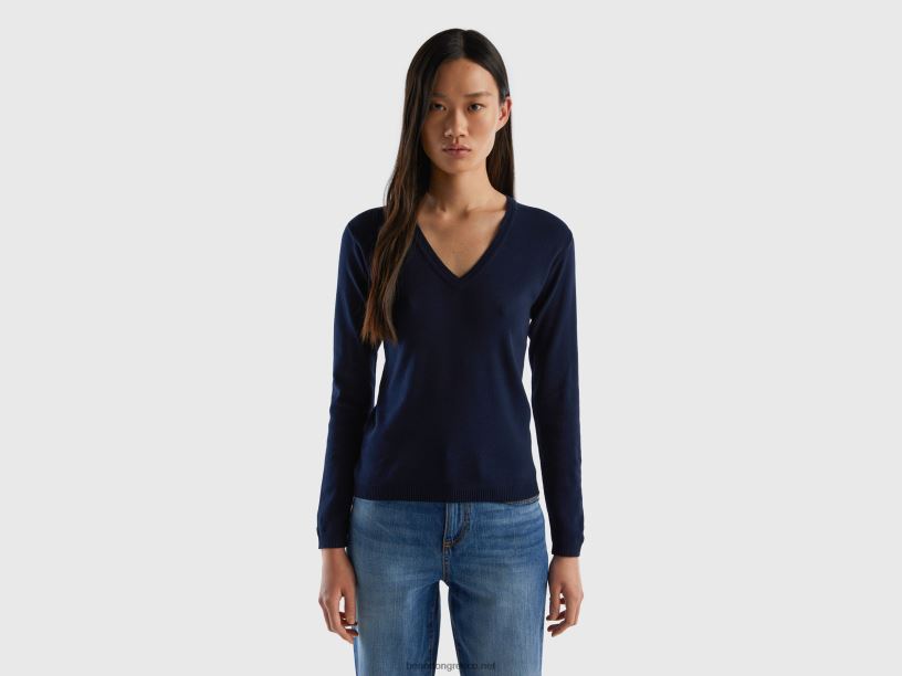 Πουλόβερ με λαιμόκοψη από καθαρό βαμβάκι J8TLD148 Benetton γυναίκες σκούρο μπλε