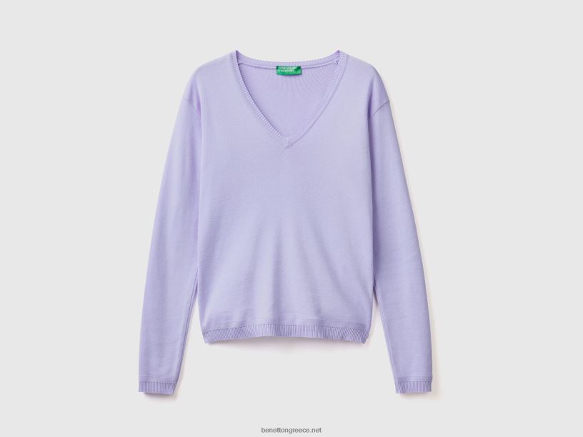 Πουλόβερ με λαιμόκοψη από καθαρό βαμβάκι J8TLD29 Benetton γυναίκες λεβάντα