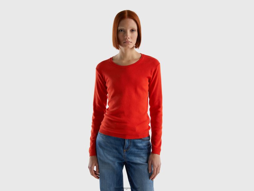 πουλόβερ με λαιμόκοψη από καθαρό βαμβάκι J8TLD3521 Benetton γυναίκες το κόκκινο