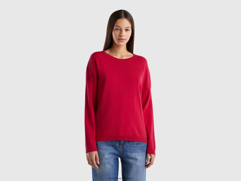 βαμβακερό πουλόβερ με στρογγυλή λαιμόκοψη J8TLD3534 Benetton γυναίκες φουξία