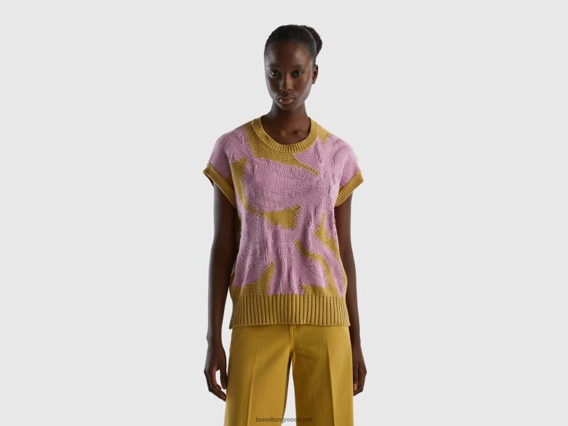 πλεκτό γιλέκο με ένθετο J8TLD3561 Benetton γυναίκες μουστάρδα