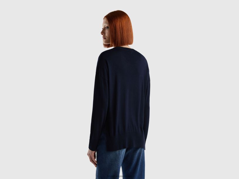 πουλόβερ σε μείγμα βισκόζης με σκισίματα J8TLD3566 Benetton γυναίκες σκούρο μπλε