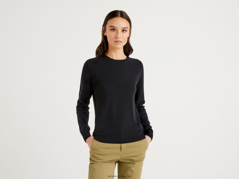 μαύρο πουλόβερ με λαιμόκοψη από μαλλί μερινό J8TLD3633 Benetton γυναίκες μαύρος