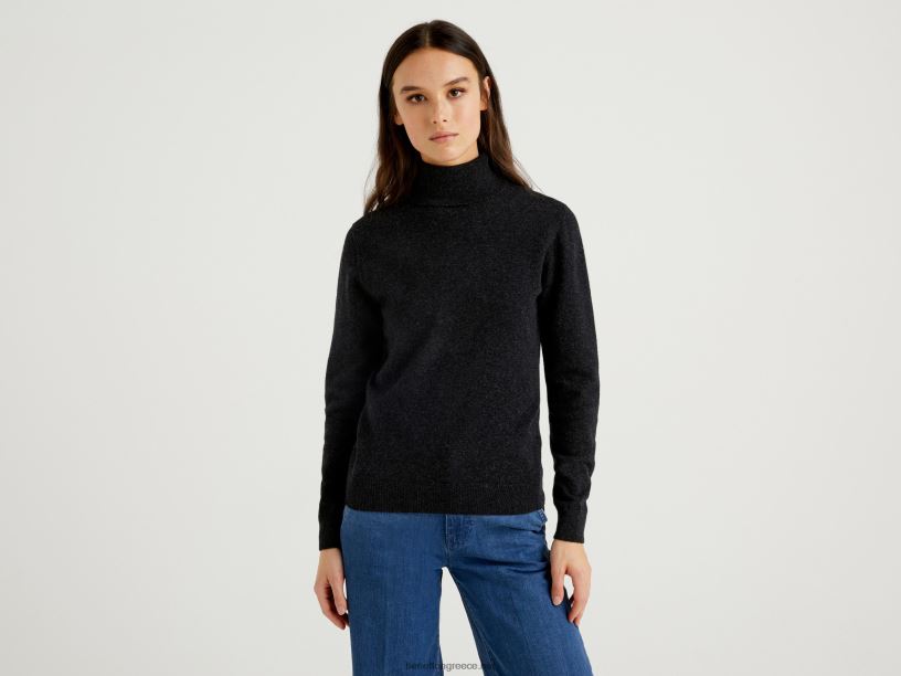 Πουλόβερ με ζιβάγκο σε γκρι ανθρακί από καθαρό μαλλί μερινό J8TLD3706 Benetton γυναίκες σκούρο γκρίζο