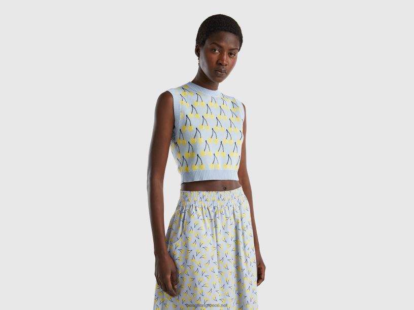 γαλάζιο γιλέκο με μοτίβο κερασιού J8TLD46 Benetton γυναίκες μπλε του ουρανού