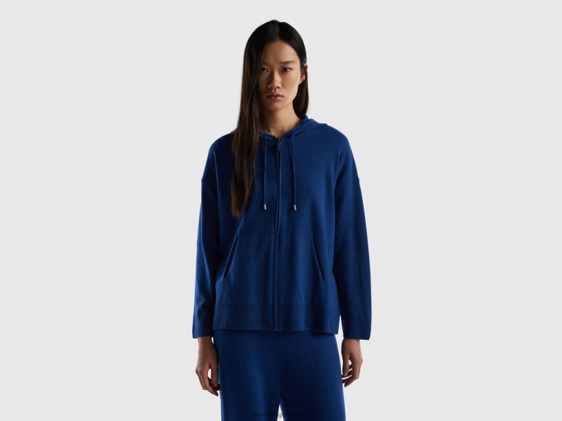 Μπλε πουλόβερ midnight σε συνδυασμό κασμίρι με κουκούλα J8TLD3546 Benetton γυναίκες σκούρο μπλε