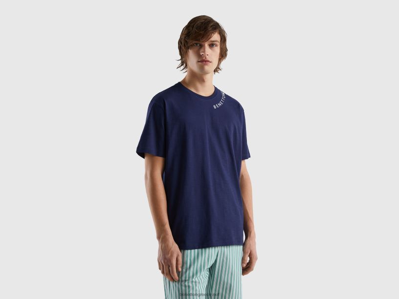 πουκάμισο με στάμπα στο λαιμό του πληρώματος J8TLD4716 Benetton άνδρες σκούρο μπλε