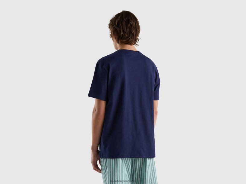 πουκάμισο με στάμπα στο λαιμό του πληρώματος J8TLD4716 Benetton άνδρες σκούρο μπλε