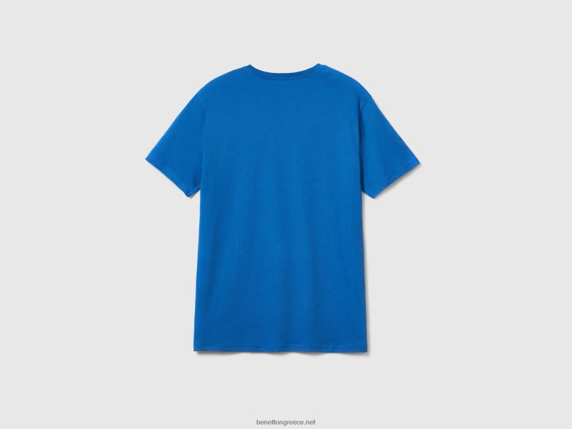 μπλουζάκι από βαμβακερές μακριές ίνες J8TLD1260 Benetton άνδρες γαλάζιο