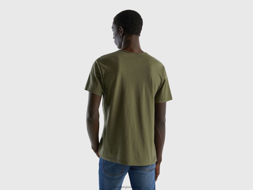 T-shirt με λαιμόκοψη από 100% βαμβάκι J8TLD1230 Benetton άνδρες στρατιωτικό πράσινο