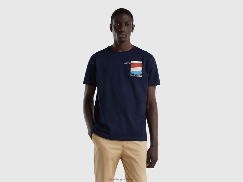 T-shirt από καθαρό βαμβάκι με στάμπα J8TLD4481 Benetton άνδρες σκούρο μπλε