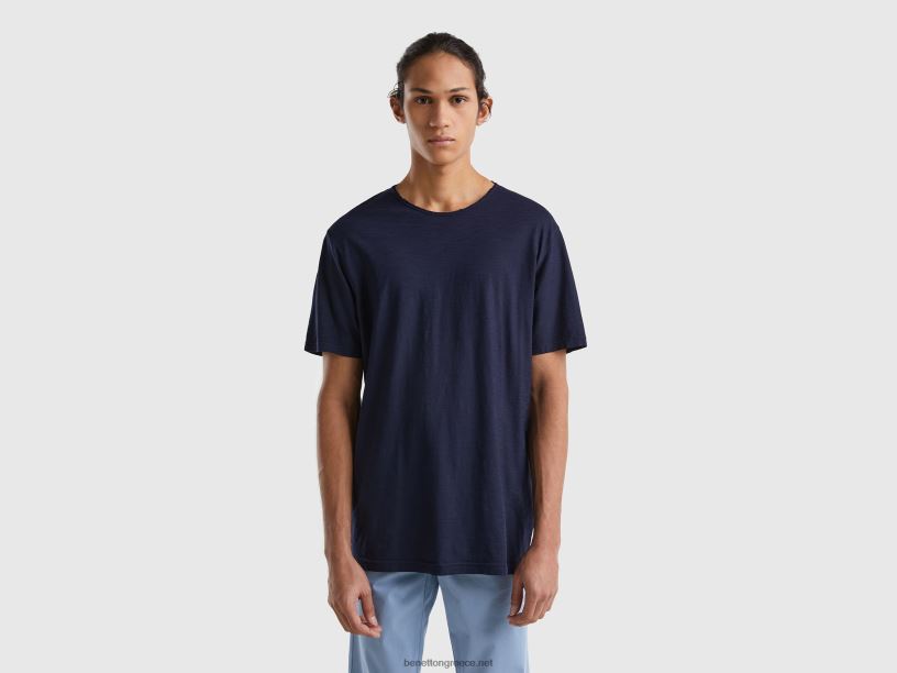 σκούρο μπλε μπλουζάκι από βαμβακερό slub J8TLD1280 Benetton άνδρες σκούρο μπλε