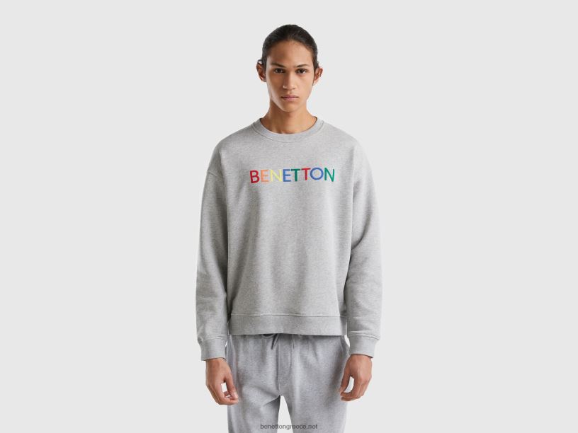 φούτερ με λαιμόκοψη με τύπωμα λογότυπου J8TLD4516 Benetton άνδρες ανοιχτό γκρι