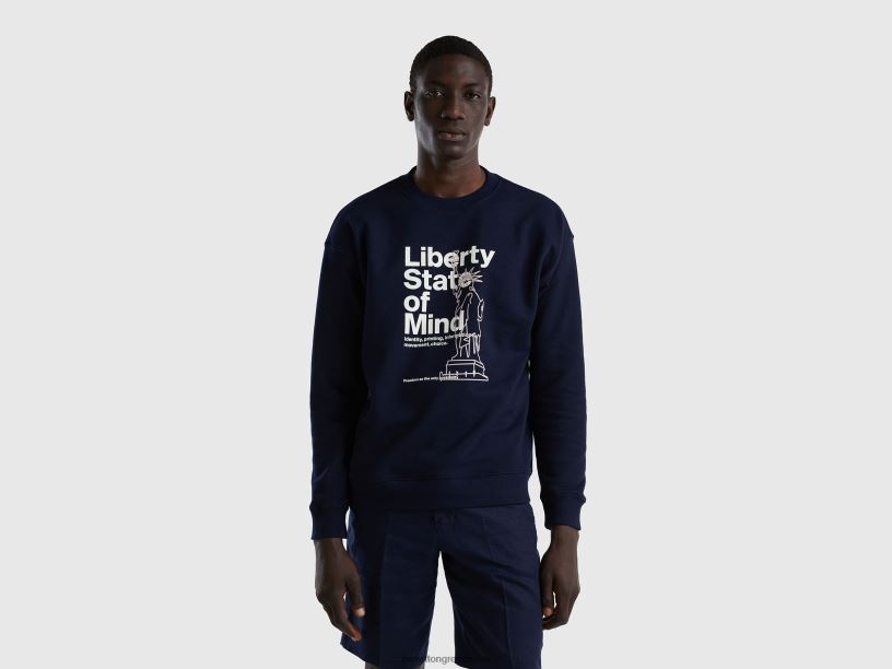 ζεστό φούτερ με στάμπα J8TLD4518 Benetton άνδρες σκούρο μπλε