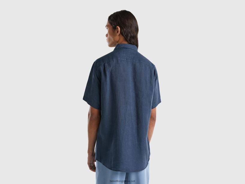 100% λινό κοντομάνικο πουκάμισο J8TLD1367 Benetton άνδρες σκούρο μπλε