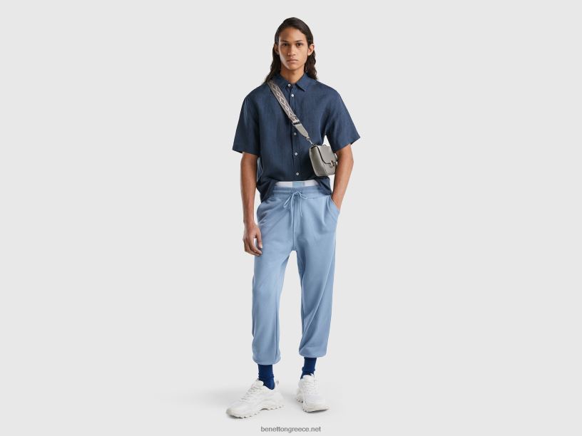 100% λινό κοντομάνικο πουκάμισο J8TLD1367 Benetton άνδρες σκούρο μπλε