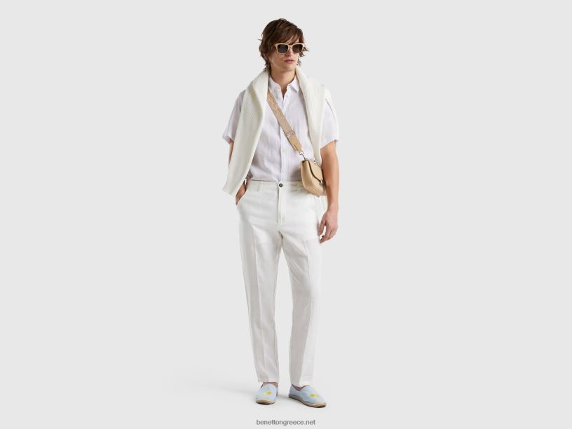 100% λινό κοντομάνικο πουκάμισο J8TLD4555 Benetton άνδρες άσπρο