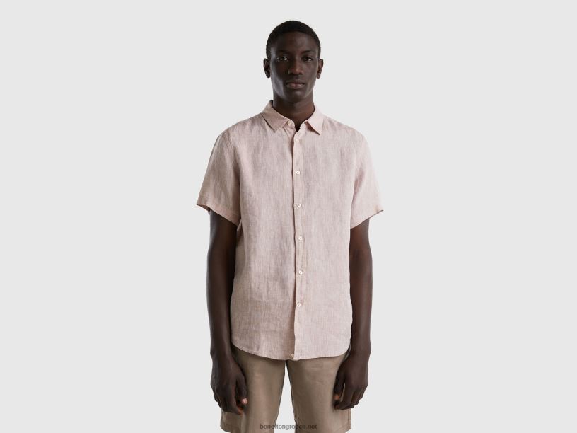 100% λινό κοντομάνικο πουκάμισο J8TLD4564 Benetton άνδρες μπεζ