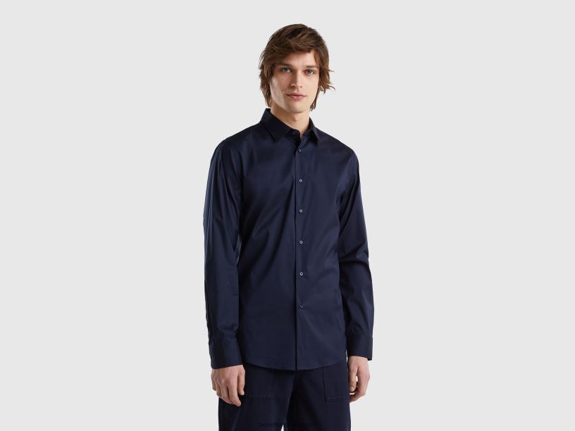 μονόχρωμο πουκάμισο με λεπτή εφαρμογή J8TLD1369 Benetton άνδρες σκούρο μπλε