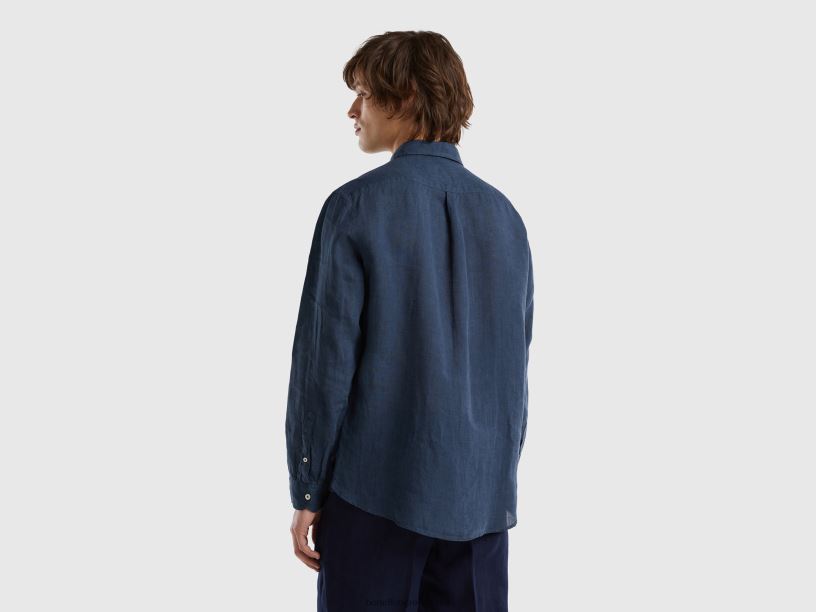 πουκάμισο από καθαρό λινό J8TLD1371 Benetton άνδρες σκούρο μπλε