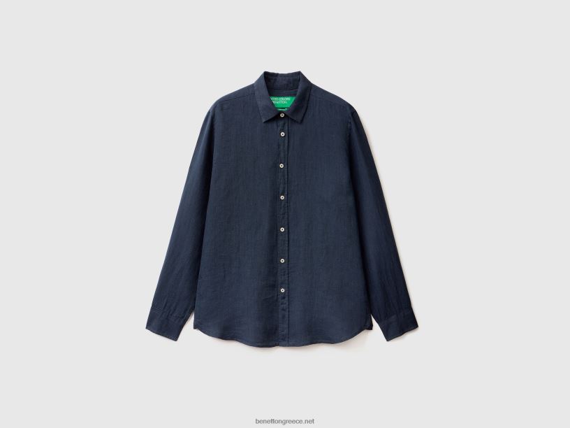 πουκάμισο από καθαρό λινό J8TLD1371 Benetton άνδρες σκούρο μπλε