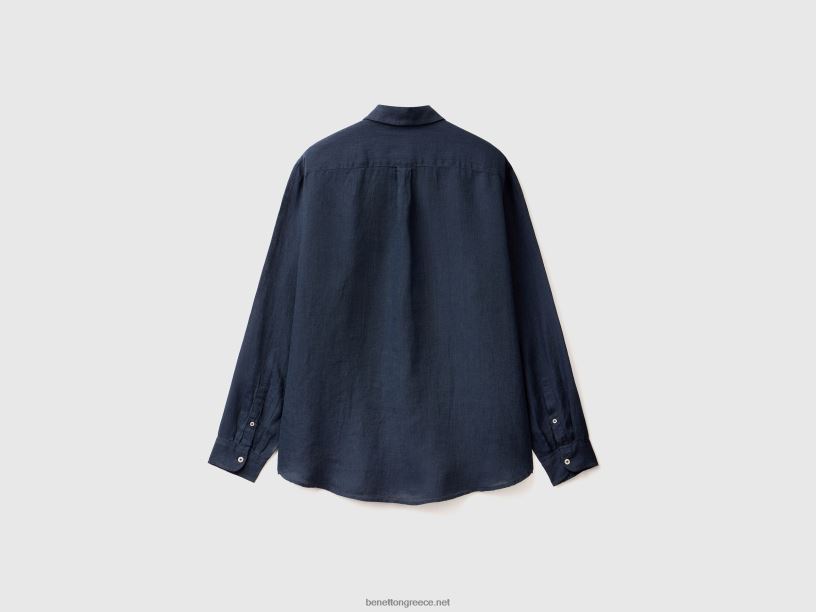 πουκάμισο από καθαρό λινό J8TLD1371 Benetton άνδρες σκούρο μπλε