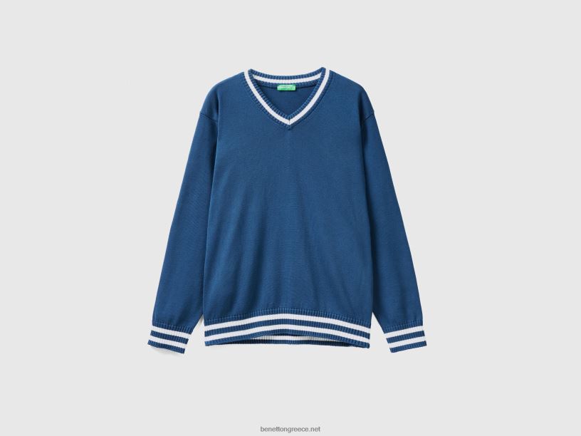 Πουλόβερ με λαιμόκοψη 100% βαμβάκι J8TLD1105 Benetton άνδρες μπλε της αεροπορίας