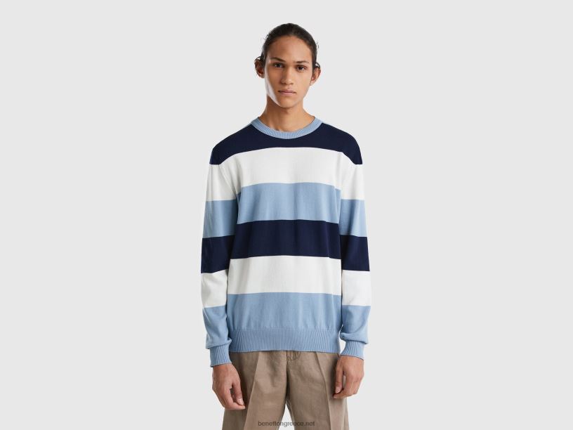 ριγέ πουλόβερ 100% βαμβακερό J8TLD1144 Benetton άνδρες μπλε της αεροπορίας