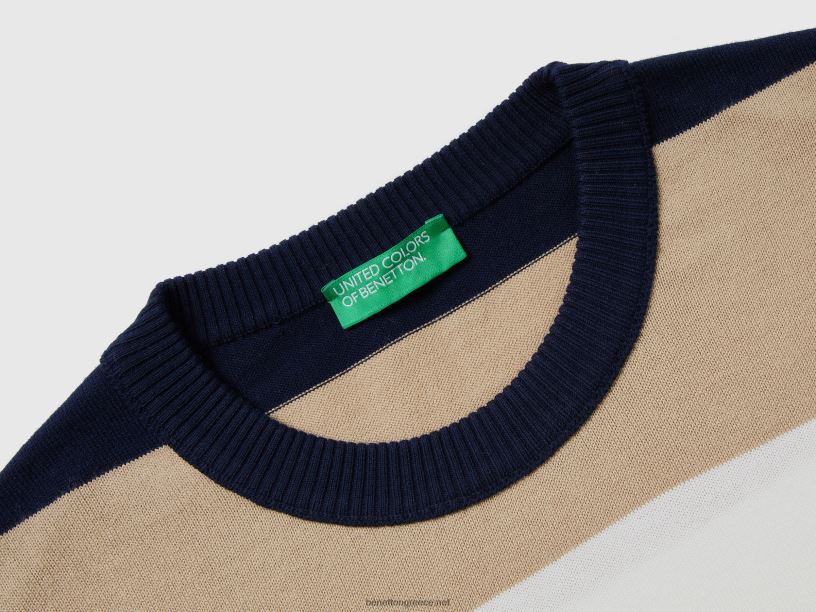 ριγέ πουλόβερ 100% βαμβακερό J8TLD1173 Benetton άνδρες σκούρο μπλε