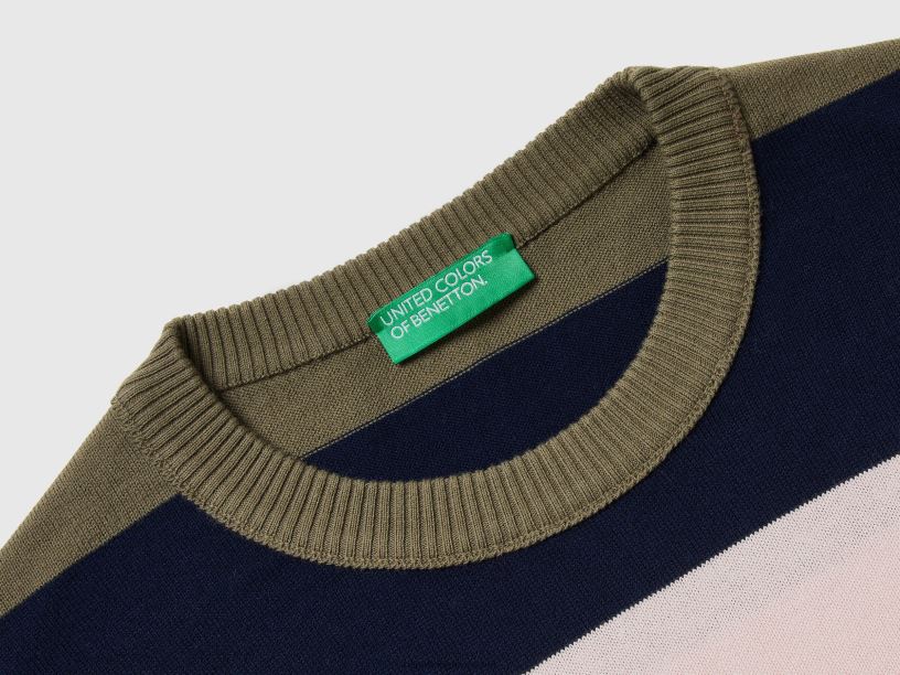 ριγέ πουλόβερ 100% βαμβακερό J8TLD4373 Benetton άνδρες πράσινος