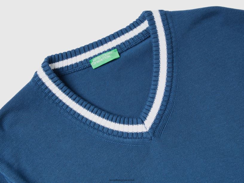 Πουλόβερ με λαιμόκοψη 100% βαμβάκι J8TLD4396 Benetton άνδρες μπλε της αεροπορίας