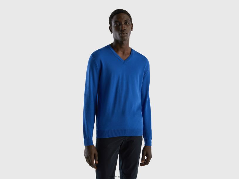 Πουλόβερ με λαιμόκοψη από καθαρό βαμβάκι J8TLD4380 Benetton άνδρες γαλάζιο