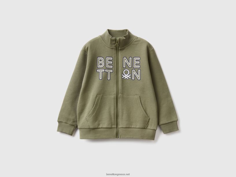 Φούτερ από οργανικό βαμβάκι με φερμουάρ J8TLD5119 Benetton παιδιά στρατιωτικό πράσινο