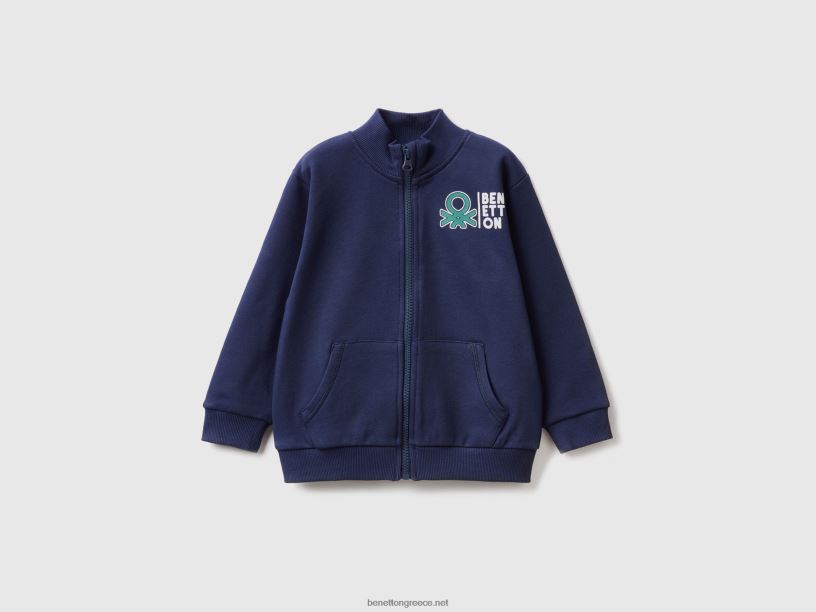 Φούτερ από οργανικό βαμβάκι με φερμουάρ J8TLD5128 Benetton παιδιά σκούρο μπλε