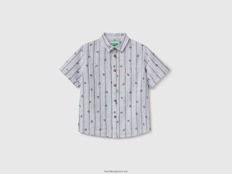 πουκάμισο με μοτίβο σε λινό μείγμα J8TLD2197 Benetton παιδιά άσπρο
