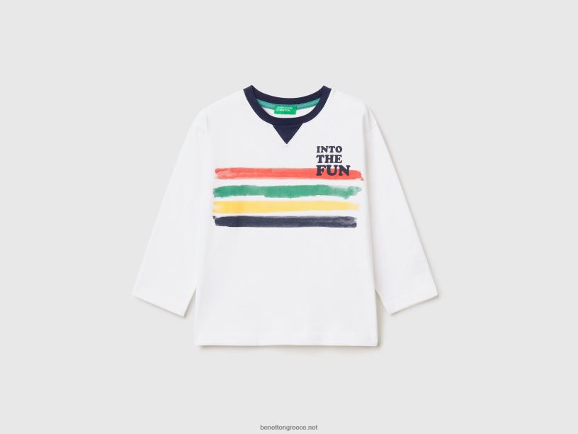 μπλουζάκι με πολύχρωμη στάμπα J8TLD2200 Benetton παιδιά άσπρο