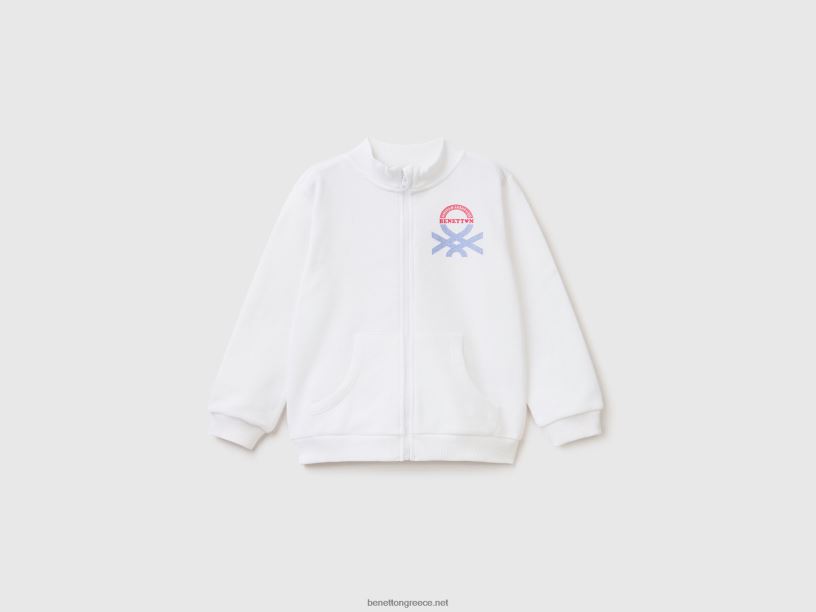 Φούτερ με φερμουάρ από οργανικό βαμβάκι J8TLD2935 Benetton παιδιά άσπρο