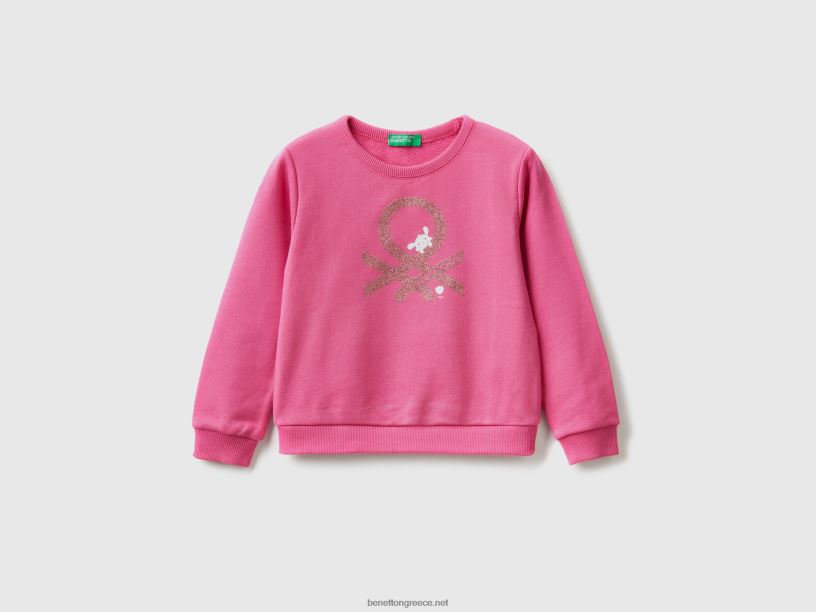 Φούτερ από οργανικό βαμβάκι με γκλίτερ στάμπα J8TLD5625 Benetton παιδιά φουξία