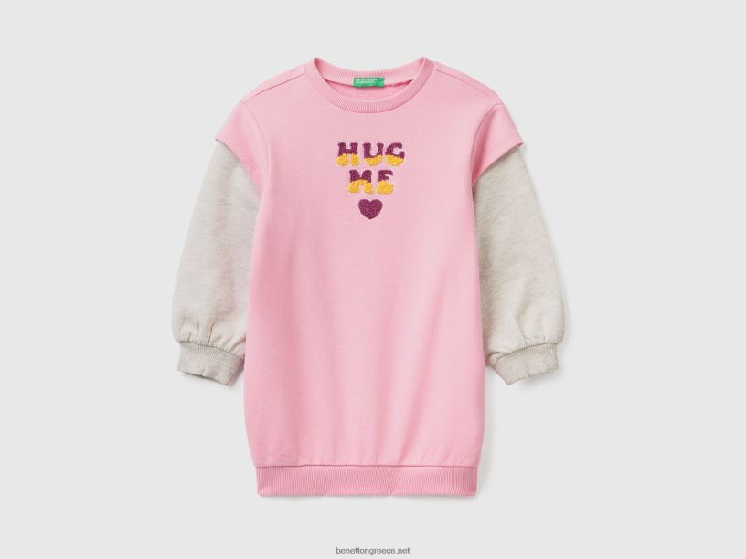 φόρεμα φούτερ με κέντημα J8TLD2942 Benetton παιδιά ροζ