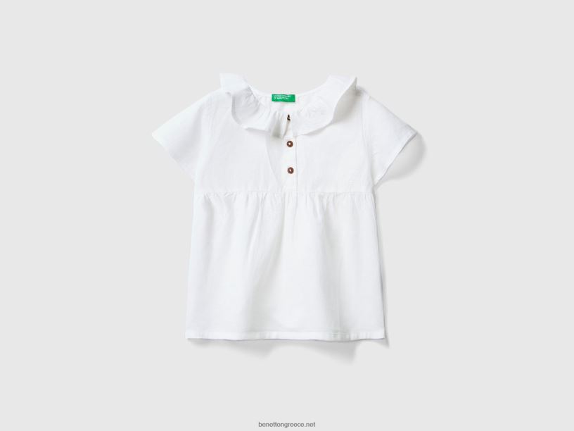 μπλούζα με βολάν γιακά σε λινό μείγμα J8TLD2878 Benetton παιδιά άσπρο
