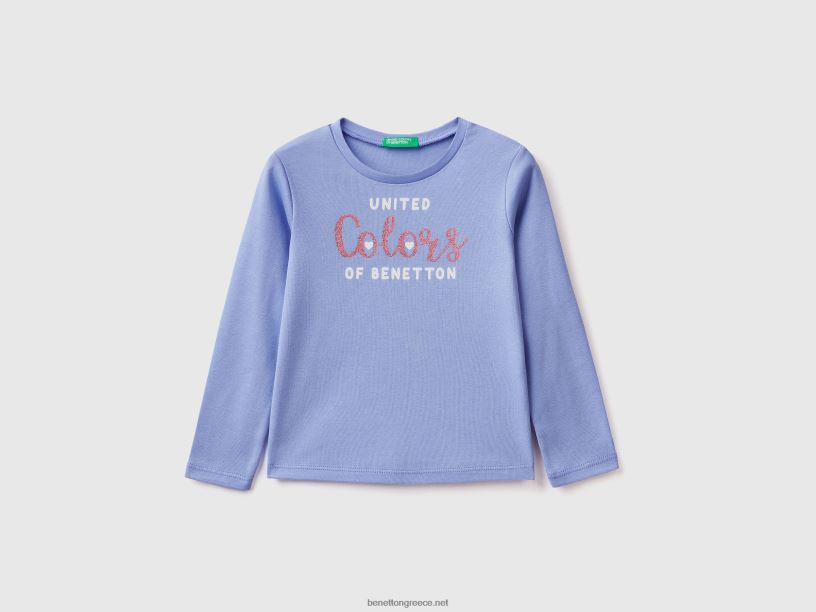 μακρυμάνικο μπλουζάκι με γκλίτερ στάμπα J8TLD2890 Benetton παιδιά μυρτιά