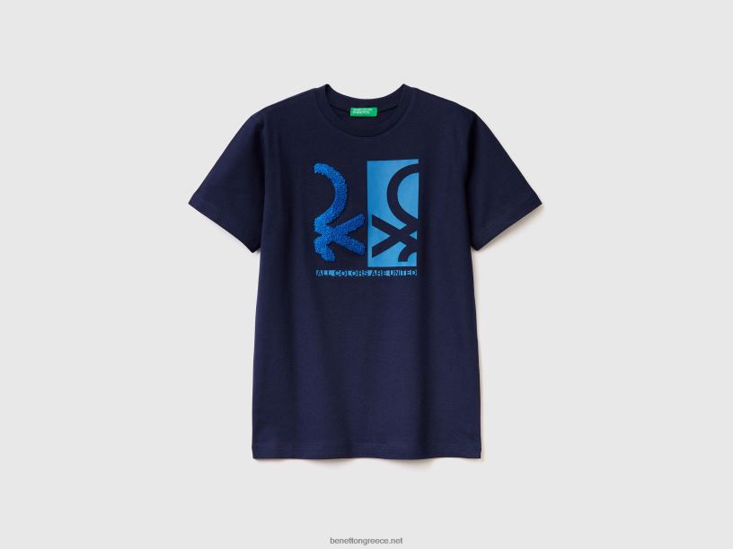μπλουζάκι με στάμπα και κέντημα J8TLD1663 Benetton παιδιά σκούρο μπλε